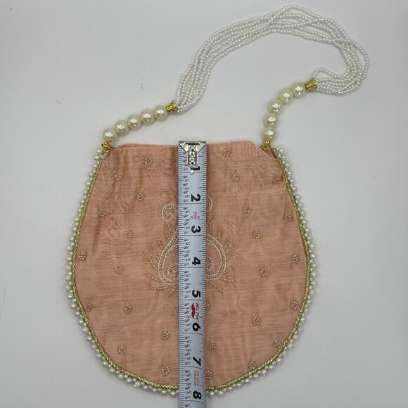 Embellished Peach Tone Indian Potli Bag, Intricate Beading, Faux Pearls - Picture 3 of 8
